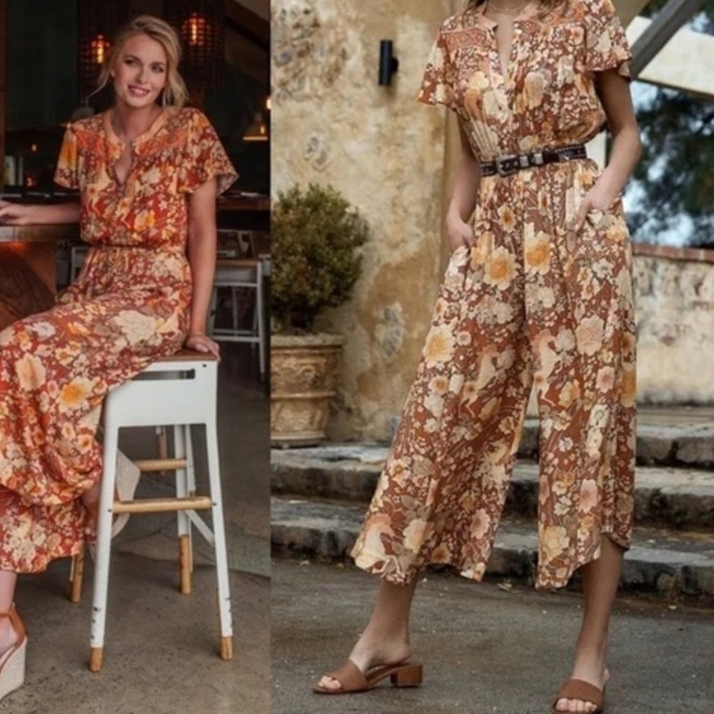 Spell Amethyst Jumpsuit in Brown and Orange EUC